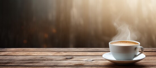 Sticker - Hot drink in a coffee cup on an old wooden surface with ample copy space image.