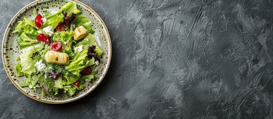 Poster - Caesar salad plated on a modern ceramic dish placed on a slate table with a backdrop perfect for copy space image.