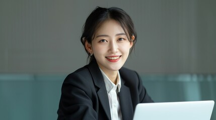 Asian businesswoman in a formal suit smiling while working on a laptop in a sleek office environment showcasing corporate success and professional confidence Portrait, Realistic Photo, High