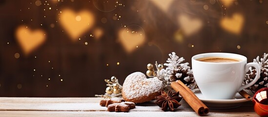 Sticker - A warm cup of coffee surrounded by white heart decorations and freshly baked fruit cakes with festive spices, set against a Christmas winter background with copy space image.