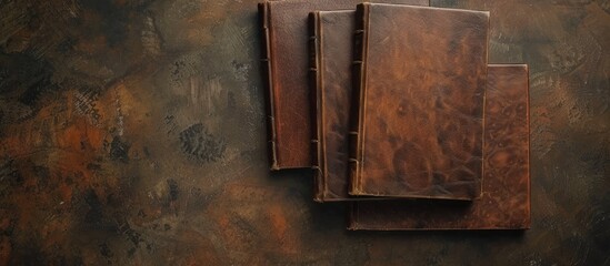 Aufkleber - Three antique brown leather hardcover books arranged neatly with copy space image on a table.