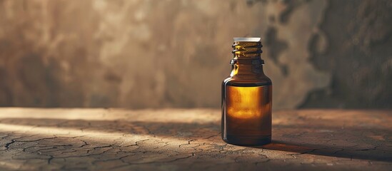 Poster - Close-up capture of a glass bottle with essential oil on a dark beige backdrop, offering a blank space for text in the image.