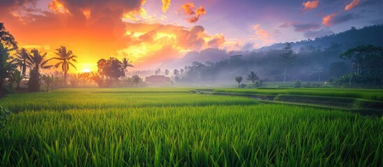 Poster - Lush green rice fields under a colorful sky with trees in the background growing under the sunrise with a beautiful backdrop for copy space image.