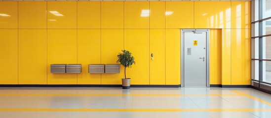 Aufkleber - A modern office building's spacious empty interior features a yellow door, lockers, and a tiled floor, creating an ideal copy space image.