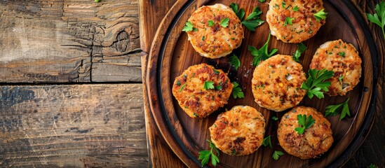 Poster - Top view of roasted fish cutlets or patty on a wooden plate with a wooden background providing copy space image.