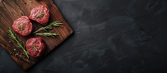 Poster - Fresh filet mignon steaks with rosemary on a wooden board over a black background. Organic ingredients for restaurant dishes are displayed in a top view with copy space image.