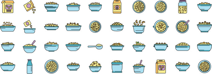 Wall Mural - Breakfast cereal icons set outline vector. Granola snack. Bar cereal thin line color flat on white