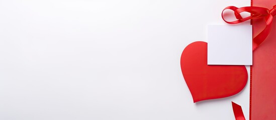 Poster - valentine concept background with a red card featuring a heart-shaped clip on a white backdrop, conv