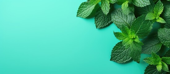 Aufkleber - Fresh organic mint leaves displayed on a colorful background with copy space image available.
