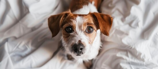 Poster - Charming Jack Russell Terrier looking up at the camera from the bed in an overhead shot, with an engaging gaze captured in the copy space image.