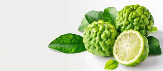 Poster - Fresh bergamot fruit on a white background with a cut green bergamot in half, featuring a clipping path and copy space image.