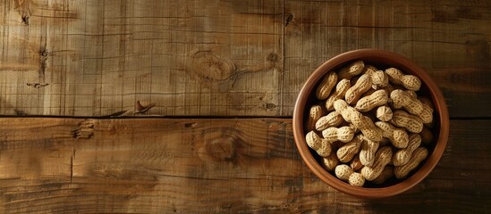 Poster - A wooden table displays a bowl of peanuts with space for text or images.