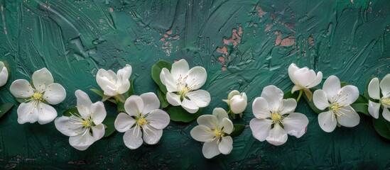 Aufkleber - Spring white flowers arranged on a green surface in a flat lay composition with copy space image.