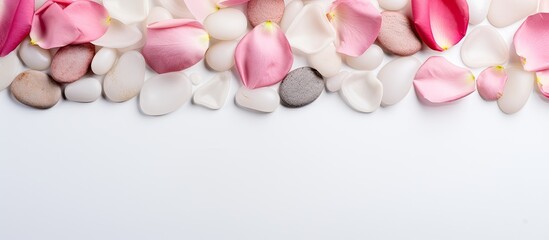 Poster - Spa-themed background with sea pebbles and rose petals on a neutral mat with copy space image.