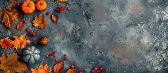 Wall Mural - Creative autumn-themed decoration using fall leaves and pumpkins on a stone surface in a flat lay, top view, with a designated space for text or imagery.