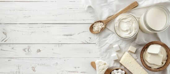 Aufkleber - Dairy product samples displayed on a white wood table with copy space image available.