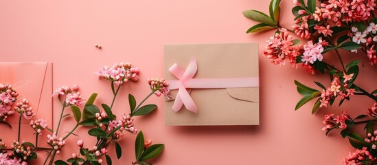 Poster - Colorful background showcasing a lovely arrangement of flowers, a thoughtful gift, an envelope, and a blank card for copy space image