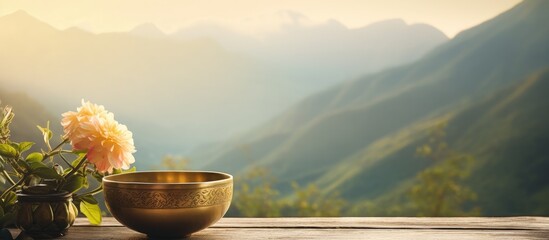 Poster - A golden singing bowl and a flower arranged on a wooden table with a scenic mountain backdrop, creating a serene setting with room for adding text alongside the image.
