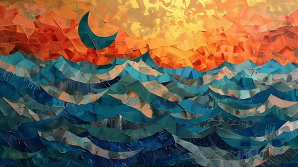 Wall Mural - Cubism-inspired depiction of waves in fragmented shards of ultramarine and emerald green against a backdrop of abstracted sunset hues of coral and gold.