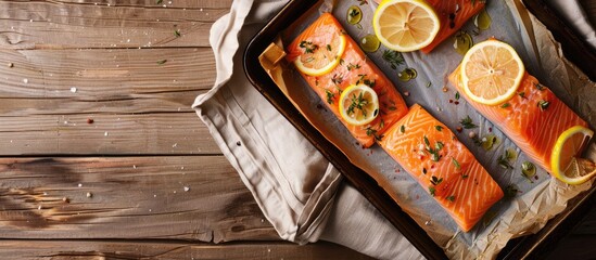Poster - Salmon fillets with lemon on oven tray with beige cloth, on pine surface, with copy space image.