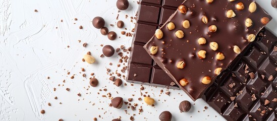 Poster - Black and milk chocolate bars with hazelnuts isolated on white, giving prominence to the product with copy space image.