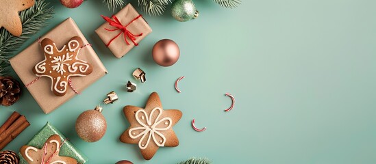 Poster - Minimal Christmas concept with a creative New Year layout featuring gingerbread, ornaments, and gifts on a pastel green background, ideal for a greeting card with copy space image.