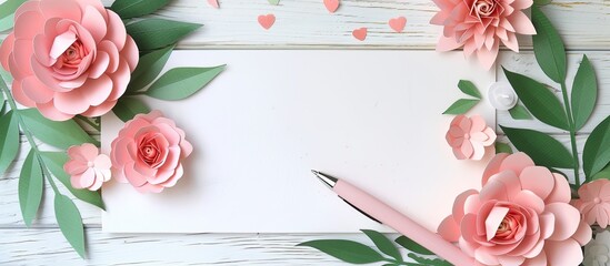 Poster - Oblique pen and a blank card decorated with pink paper flowers and green leaves on a white wooden background, with copy space image.