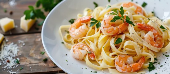 Canvas Print - A white plate showcases fettuccini and tagliatelle pasta with shrimp, presenting an Italian food style setting with copy space image.