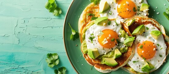 Wall Mural - Close-up of a crepe topped with fried eggs, avocado, and cheese on a vintage green plate against a matching green backdrop, featuring copy space image.