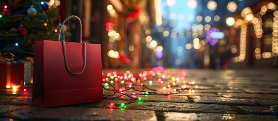 Poster - A festive Merry Christmas greeting with a red paper bag adorned with Christmas lights for a holiday shopping theme, featuring a copy space image.