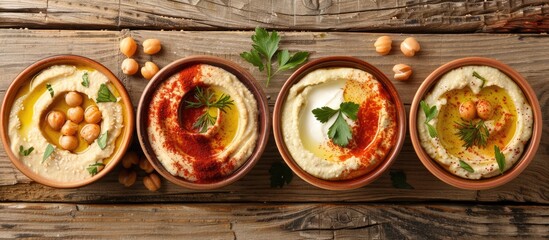 Aufkleber - Various delectable hummus varieties presented on a wooden surface in a flat lay composition, featuring copy space for text.