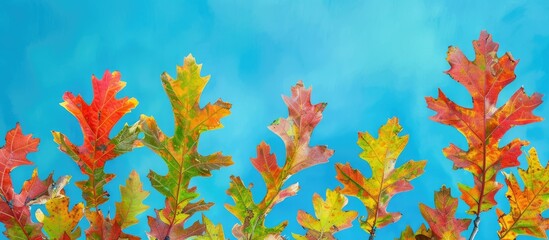 Canvas Print - Colorful autumn oak leaves in red, yellow, and green hues stand out against a vibrant blue sky in a background perfect for a copy space image.