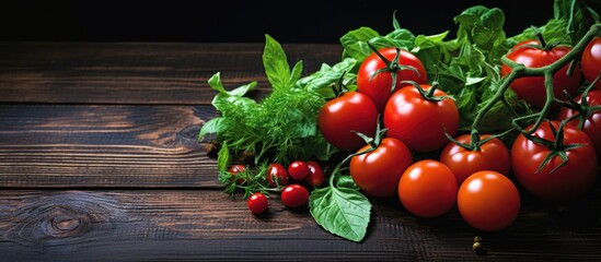 Wall Mural - Fresh ingredients like grape tomatoes, basil, and arugula arranged on a dark wooden table for use in cooking, providing a visually appealing copy space image.