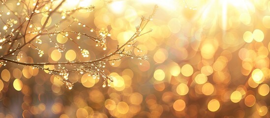 Fototapete - A luxurious, romantic, abstract background with sparkles and golden bokeh in the sun, a shimmering twig against a blurred, glittering spring backdrop, perfect for copy space images.