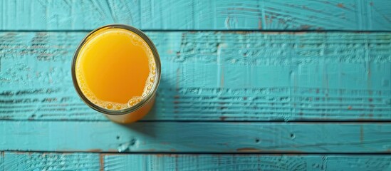 Poster - Closeup of delicious orange juice on a blue wooden backdrop with room for a copy space image.