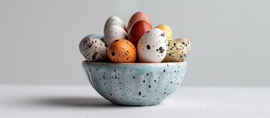 Poster - Colorful quail eggs displayed in a small container against a white backdrop, embodying an Easter theme with copy space image.