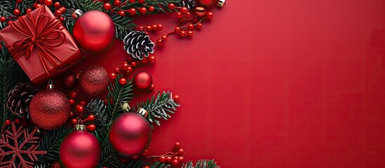 Poster - Christmas-related decorations, such as red ornaments, gifts, and a decorated tree, in a festive copy space image.