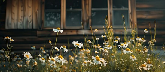 Poster - A high-quality photo captures close-up meadow chamomile flowers in front of a dark brown wooden house, creating an airy artistic copy space image.