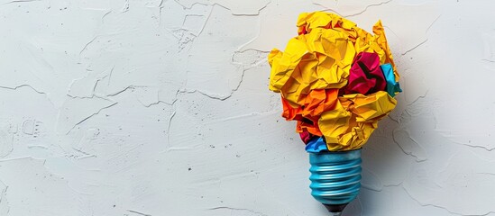 Aufkleber - Crumpled colored paper shaped like a yellow light bulb on a white background with a copy space image.