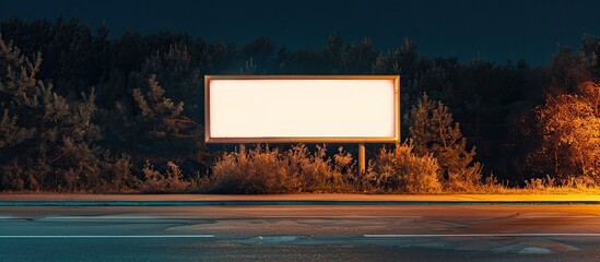 Poster - A nighttime public information board near a road with an unoccupied advertising banner featuring space for text or promotional content.