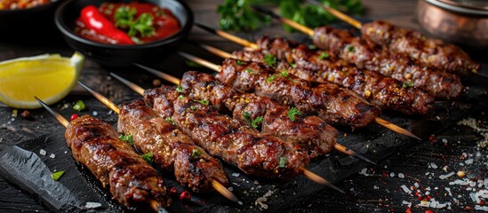 Poster - A copy space image featuring a traditional Lula kebab, minced meat skewered and grilled over charcoal.