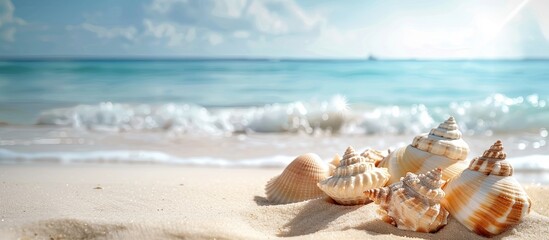 Wall Mural - Beach scene with seashells on sand and object hidden beneath, copy space image.