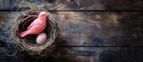 Poster - A pink bird sitting on an Easter egg in a nest against a dark wooden background with ample copy space image.