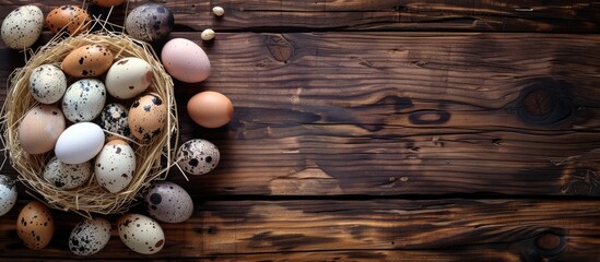 Aufkleber - Top view of a wooden table with a nest holding chicken and quail eggs, surrounded by Easter eggs, providing ample copy space image.