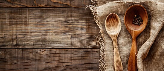 Wall Mural - Table with a wooden spoon and fork, creating a rustic setting, and a blank area available for inserting a picture.