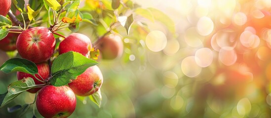 Poster - Red apples hanging from a branch of an apple tree in the garden with copy space image.