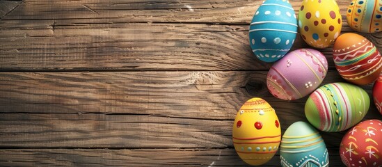 Aufkleber - Colorful Easter eggs displayed on a wooden surface with a blank area available for additional images or text.
