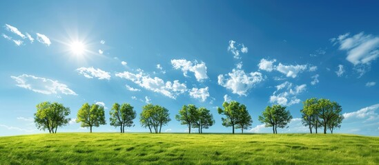 Aufkleber - Scenic view of a meadow with a row of trees under a sunny blue sky, ideal for a copy space image.