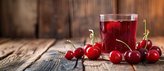 Poster - Homemade cherry juice placed on a table with a wooden background, offering copy space image.