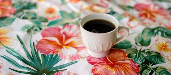 Aufkleber - A white glass holds black hot coffee on a floral table with ample copy space image available.